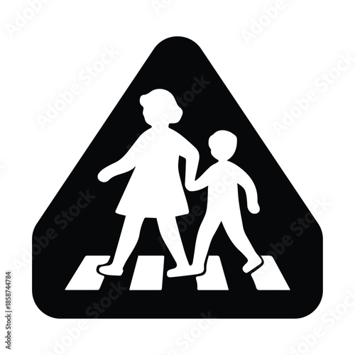 Minimalist Black Children Crossing Silhouette Icon with Adult and Child on Zebra Crosswalk for School Zone Safety Graphics - Professional Vector Stock Image
