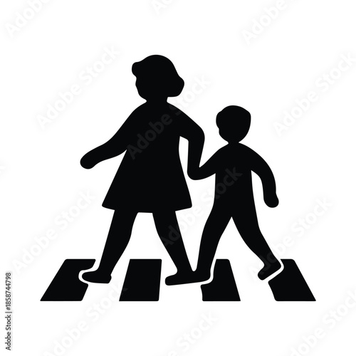 Minimalist Black Children and Adult Silhouette Crossing Zebra Path Icon for School Zone Safety and Neighborhood Traffic Graphics - Professional Vector Stock Image