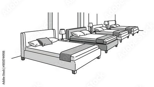 Black and white line drawing of multiple beds with pillows, blankets, and bedside lamps in a showroom