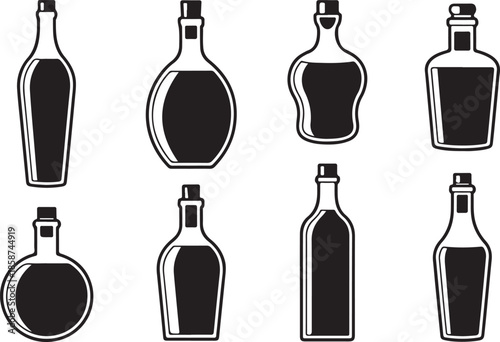 Collection of alcoholic beverage bottles silhouettes and outlines various liquor containers glassware packaging vector graphic set.