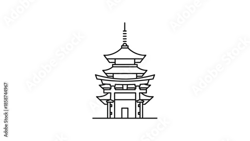 Black outline drawing of a multi-tiered traditional East Asian pagoda-style tower with a spire