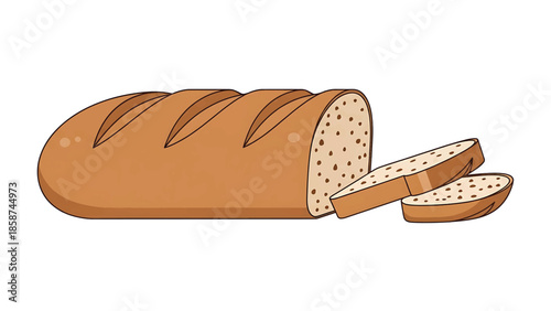 A cartoonish loaf of brown bread, partially sliced, revealing its textured interior, on a white background