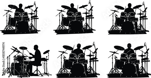 Black silhouette drummer playing full drum kit set, multiple poses collection isolated on white background for music performance design concepts