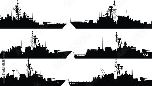 Black silhouette military warship collection featuring modern naval destroyers and combat vessels, maritime defense technology illustration set isolated on white