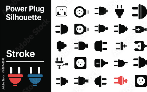 Collection of various electrical power plug and socket silhouettes for different international standards icon set