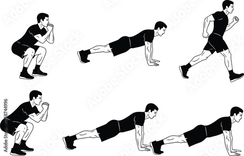 Burpee Exercise Silhouette Sequence – Full Body Workout Pose Set for Fitness Training, Gym Routine, and Health Illustration Use