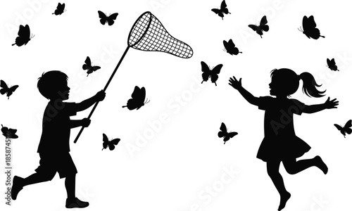 Children Chasing Butterflies Silhouette – Joyful Outdoor Play, Nature Exploration, Childhood Freedom, Black and White Illustration, Carefree Moment