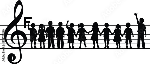 Children silhouettes standing on musical staff lines with treble clef, unity and music education concept illustration on white background