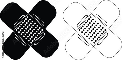 A black and white vector icon of a crossed bandage for medical and healthcare design. Vector