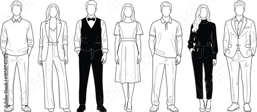 Collection of modern people standing in casual and formal outfits, line art fashion characters illustration for lifestyle, community and design