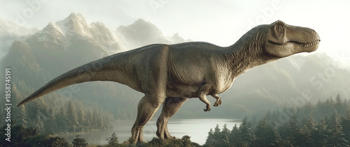 Exploring a Carcharodontosaurus in a primeval landscape of mountains and forests