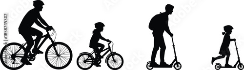 Family Riding Bicycles and Scooters Silhouette – Outdoor Activity, Safe Transportation, Helmet Safety, Black and White Illustration, Active Lifestyle