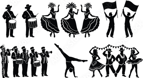 Festival dance and music silhouettes set with performers, drummers, dancers, musicians, flags, and celebration scenes isolated on white background