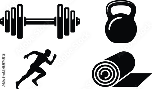Fitness and workout equipment silhouette icons set featuring dumbbell, kettlebell, running athlete, and yoga mat for training and gym design
