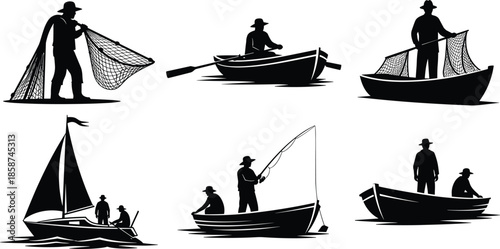 Fishermen silhouette collection featuring traditional boats, net fishing, rowing, and angling activities, maritime livelihood, coastal life, and fishing industry concepts