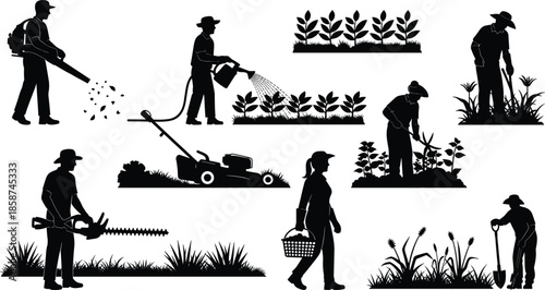 Gardening and landscaping workers silhouette collection, people mowing grass watering plants trimming bushes and digging soil in outdoor garden care scenes