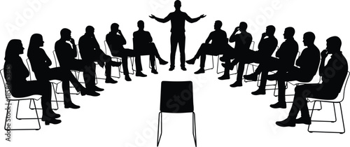 Group Meeting Silhouette with Central Speaker – Team Discussion, Leadership, Communication Circle, Black and White Illustration, Therapy or Workshop Concept