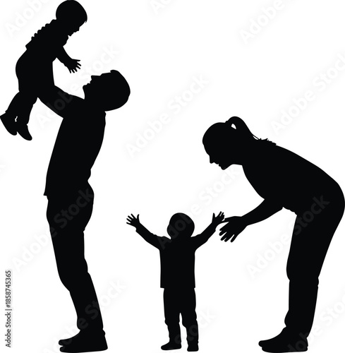 Happy family silhouette with mother father and two children playing together, parents lifting toddler and encouraging child, love and parenting illustration