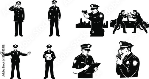Police officer silhouette collection showing law enforcement actions, public safety duties, patrol operations, arrest scenes, and professional policing roles illustration set