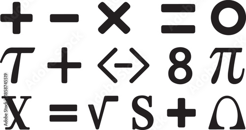 Mathematical and scientific symbols icons set collection plus minus multiply equals algebra number constants root variable signs vector typography