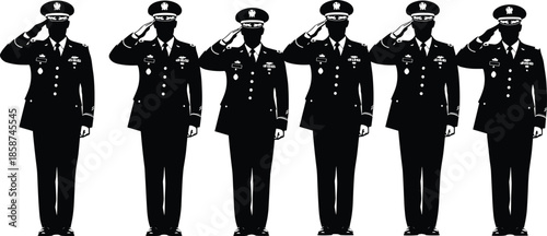 Row of saluting military officers silhouettes in uniform symbolizing honor, discipline, leadership, patriotism, and ceremonial respect on white background