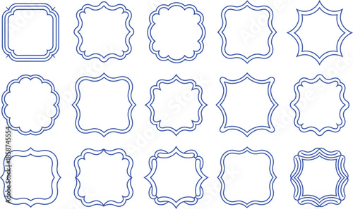 Collection of fifteen ornate blue frames on white background