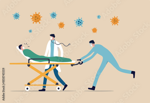 Emergency case for Coronavirus critical patient concept, doctor with medical team riding bed with critical Coronavirus COVID-19 pneumonia patient to emergency room with extra treatment, virus pathogen
