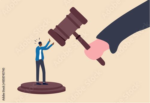 Social inequality, discrimination, injustice and unfairness for black people or racism on people of color concept, judge using huge justice hammer to punish small black people or African American man.