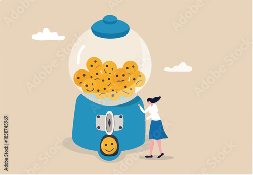 Emotion and feeling, mental wellbeing, emotional intelligence or psychology, positive and negative thinking, mood and happiness concept, cheerful woman waiting gumball machine to give smile face.