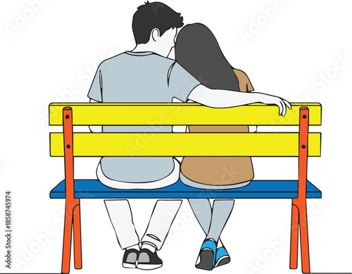 Couple sitting on a colorful bench together in a loving embrace