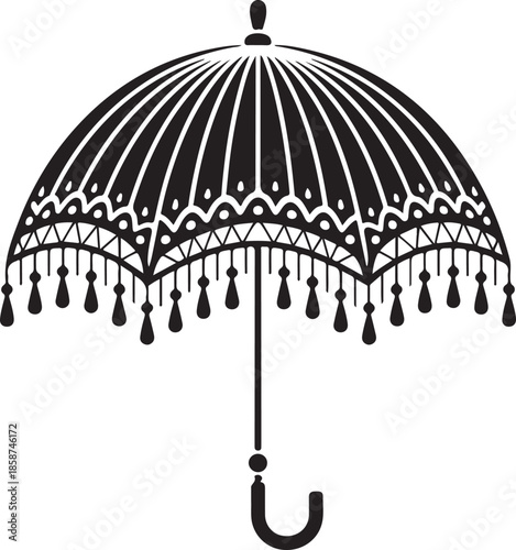 Black silhouette of vintage lace parasol or umbrella with decorative hanging tassels and ornate frame