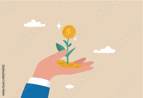 Investment growth, prosperity or earn more money from savings, mutual funds or opportunity to make profit and increase wealth, businessman investor hand holding money flower plant from pile of coins.