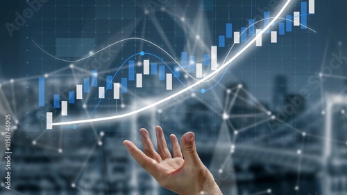 Tablou pe pânză This creative illustration features a hand reaching towards a rising financial chart, symbolizing growth and aspirations in business and economic success