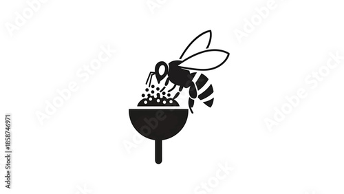 A black silhouette of a honeybee gathering pollen from a stylized plant or collector on a white background