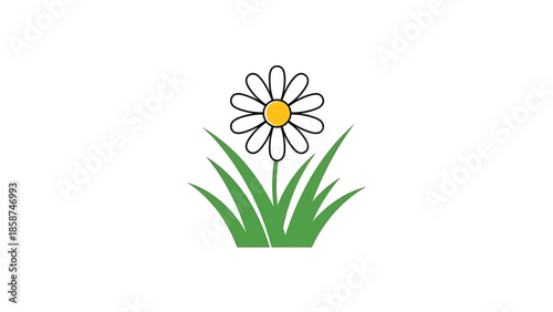 A cheerful cartoon daisy with white petals and a yellow center growing in green grass on a white background