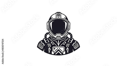 A monochrome, highly stylized graphic illustration of an astronaut's upper body and helmet with intricate patterns