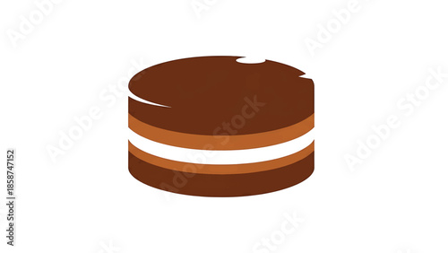 A simple graphic illustration of a cylindrical, layered dessert or cake, featuring rich brown and creamy white layers