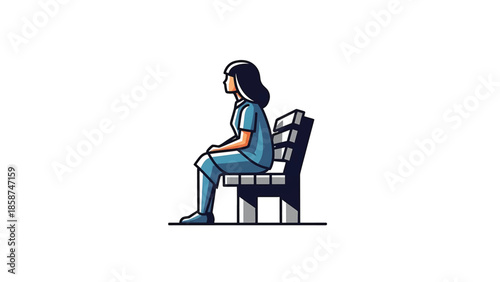 A simple illustration of a person with dark hair wearing blue scrubs, sitting patiently on a dark bench
