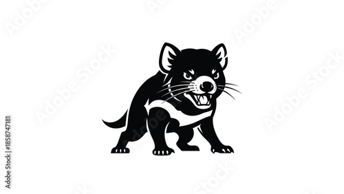 A stylized black and white illustration of a ferocious marsupial, standing with bared teeth