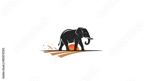 A stylized black elephant silhouette strides across a warm, earthy horizon with a setting sun and dust