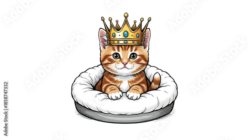 An adorable orange tabby kitten with green eyes wears a golden crown while sitting in a soft bed