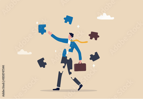 Finding jigsaw piece to complete work, career or success business, search for new idea to solve self problem, challenge or inspiration concept, businessman finding jigsaw to complete himself.