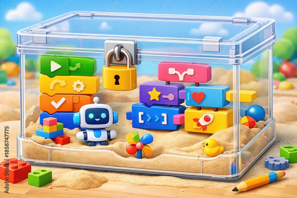 Naklejka premium Engaging educational robot in a transparent container surrounded by colorful blocks icons symbolizing coding creativity and playful learning in a dynamic sandbox environment