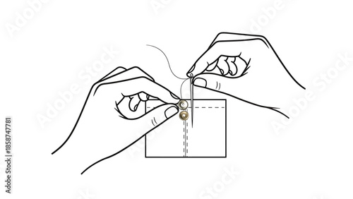 An illustration of two hands sewing two round buttons onto a piece of fabric with a needle and thread