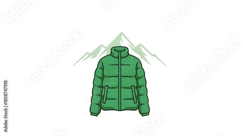 Cartoon green puffer jacket with pockets and zipper over subtle light green mountain silhouettes on white