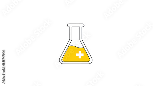 Cartoon style Erlenmeyer flask with yellow liquid and a white plus sign, symbolizing health or chemistry