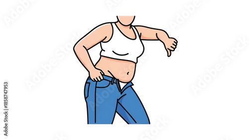 Cartoon person with belly fat in tight blue jeans, giving a thumbs-down, illustrating weight struggle