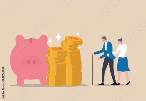 Retirement mutual fund, 401k or Roth IRA savings for happy life after retire and financial freedom concept, rich senior couple elderly man and woman stand with stacked of dollar coins pink piggy bank.