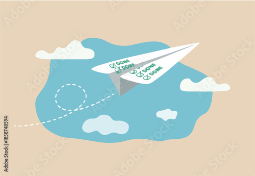 Productivity and efficiency to completed tasks, done checklist or todo list, working plan achievement concept, paper airplane origami with ticked checkbox as done or completed flying high to the sky.