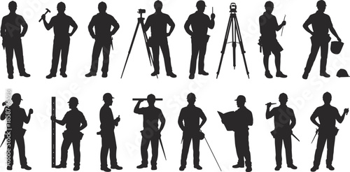 Construction silhouettes, survey workers, engineering tools, hard hats, blueprint holders, tripod setup, labor force, teamwork, building professionals, industrial icons